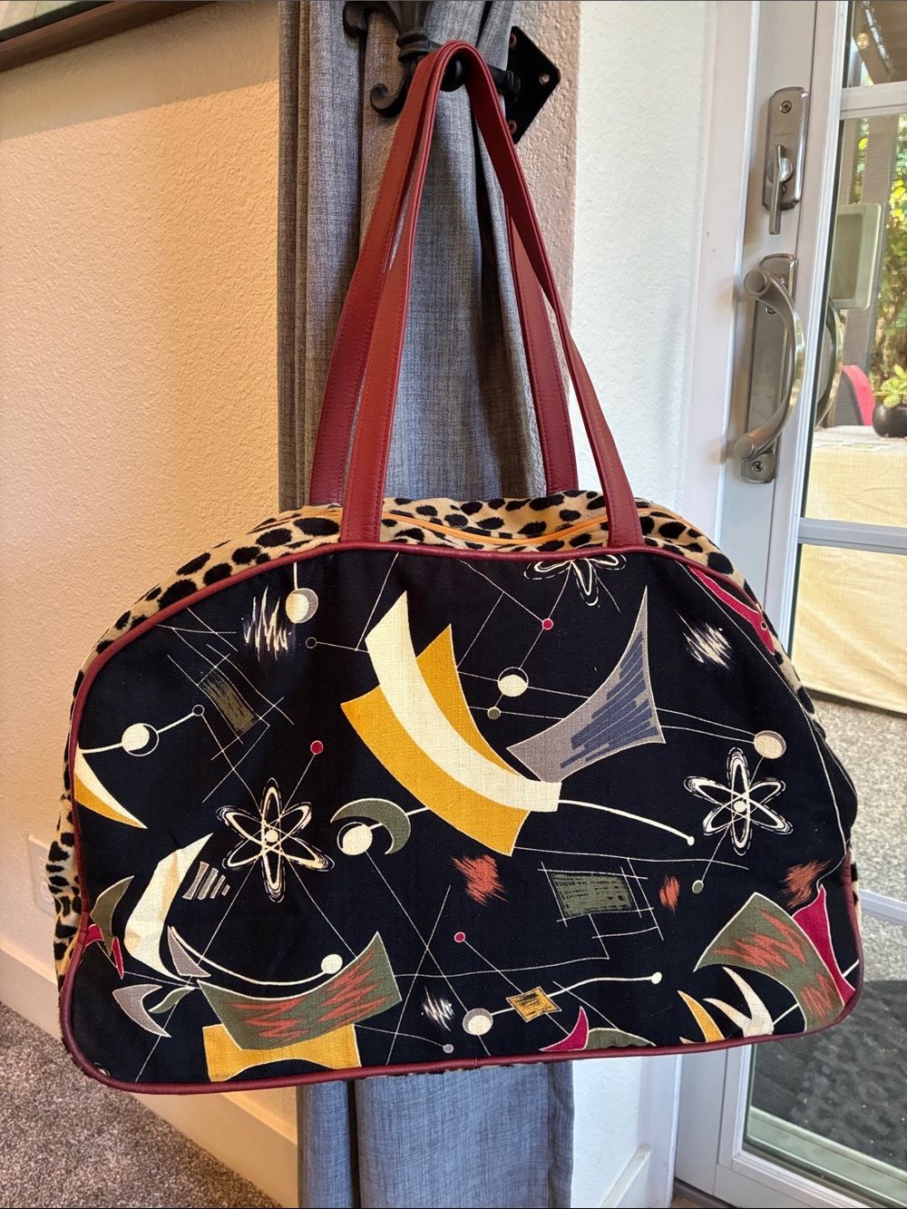 Abstract Mid-Century Print Travel Tote in Black and Burgundy